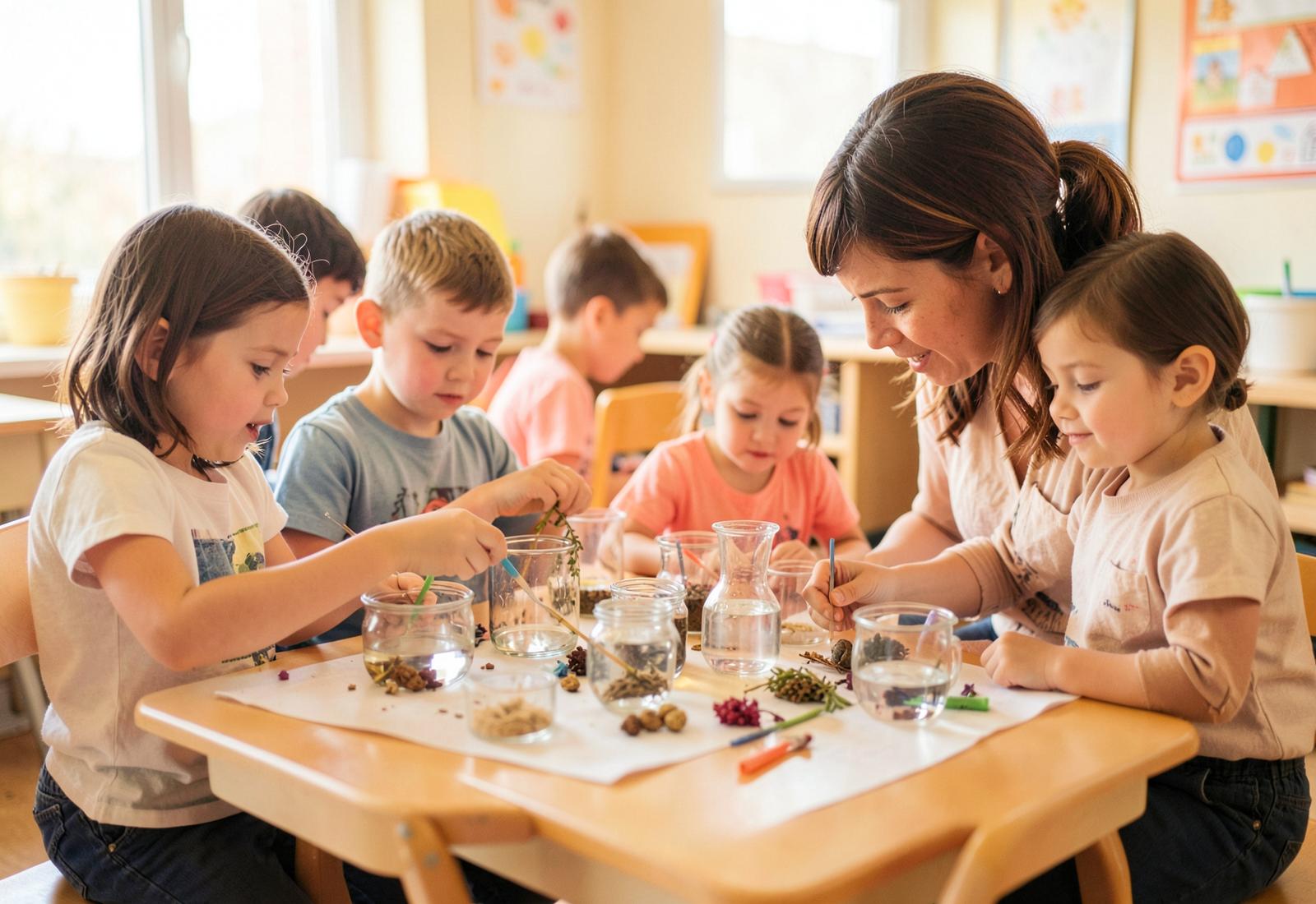 Kinder experimentieren gemeinsam mit Wasser und Naturmaterialien im Klassenzimmer
